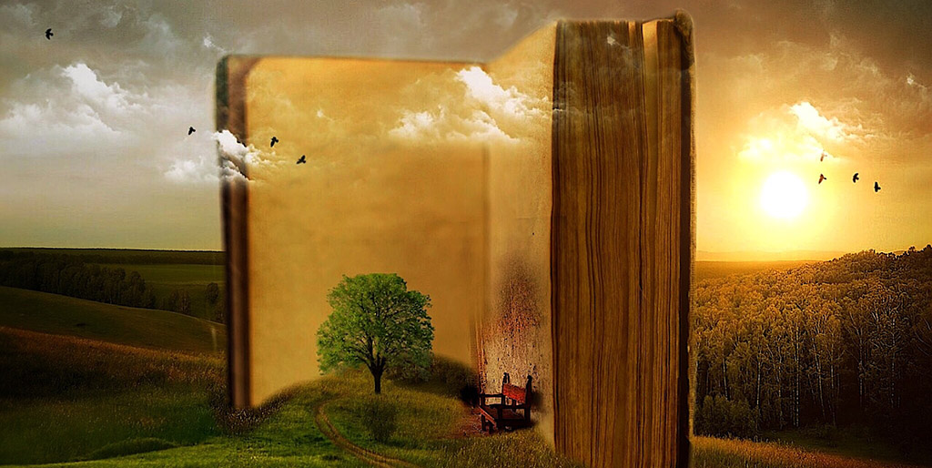 Ein überdimensional großes Buch steht aufgeschlagen in einer Landschaft, ein Baum und eine Bank sind gleichzeitig Teil des Buchs und der Landschaft.