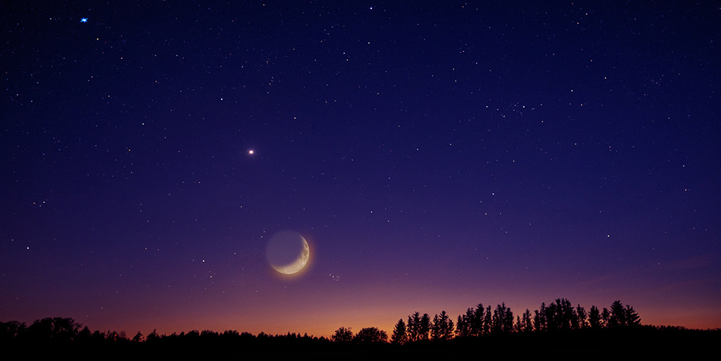 Über dem fast dunklen Horizont mit Bäumen ist der zunehmende Mond und viele Sterne am Abendhimmel zu sehen.